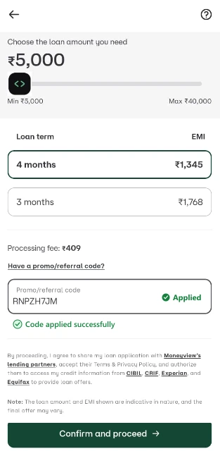Money View app code entry field showing RNPZH7JM typed in promo/referral code box