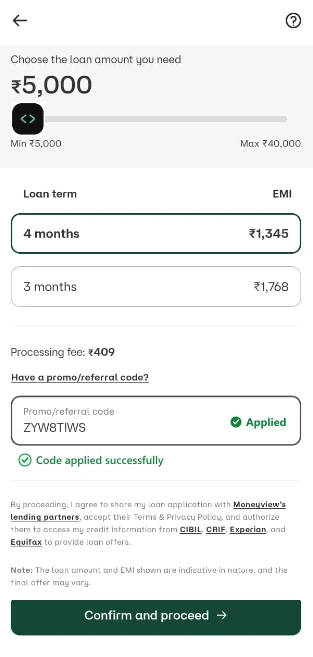 Money View app code entry field showing ZYW8TIWS typed in promo/referral code box